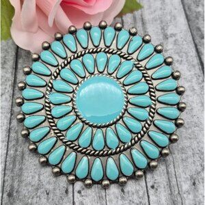 Silver Tone & Faux Turquoise Belt Buckle Round Southwest Native Inspired SEE Bac